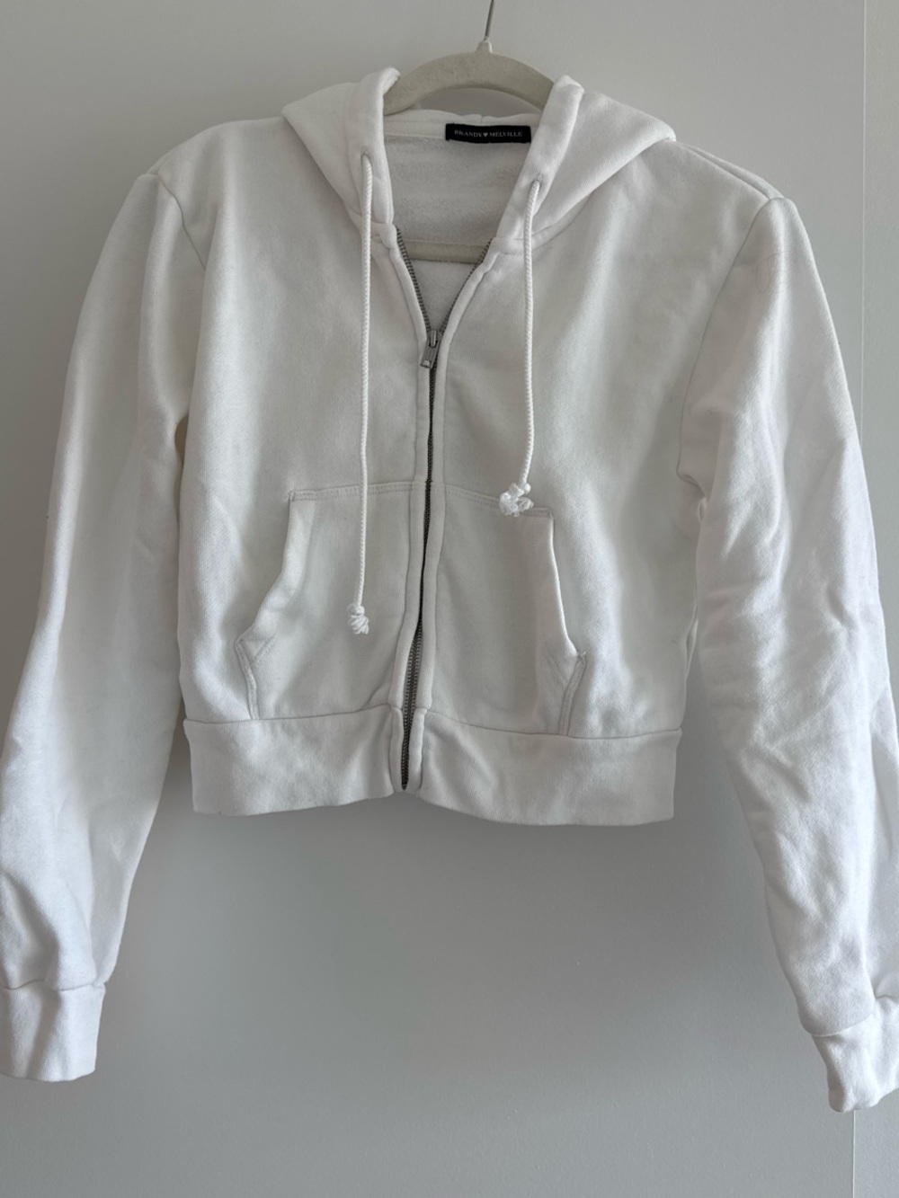 Brandy Melville White Cropped Zip Hoodie Jacket